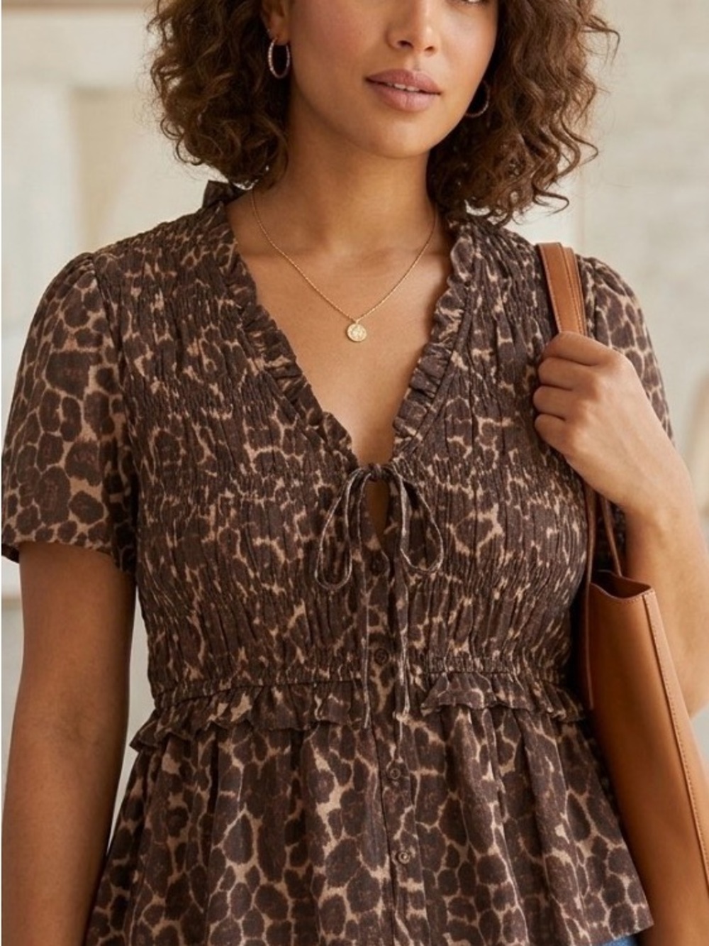 Brown Leopard Print Tie-Front V-Neck Peplum Top